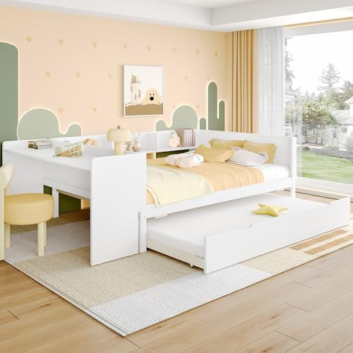 Soweiz Letto in legno per bambini, 140 x 200 cm, letto piatto con scrivania, con letto arrotolabile, letto matrimoniale (senza materasso), con ripiani, pino + truciolato (bianco)