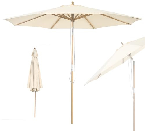 RELAX4LIFE Parasol Droit 3M en Bois, Parasol de Jardin Extérieur, 8 Baleines en Bambou, Levage à Poulie, Polyester Hydrofuge, Protection Solaire, Facile à Monter pour Balcon Terrasse (Beige)