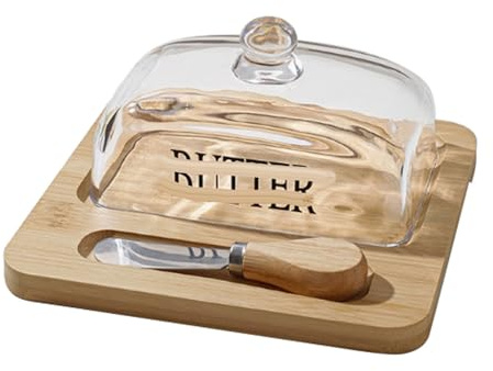 Mantequera de bambú con tapa de vidrio y cuchillo incorporado. Mantequera de madera, tabla de quesos y bandeja de postres. Decoración de encimera.