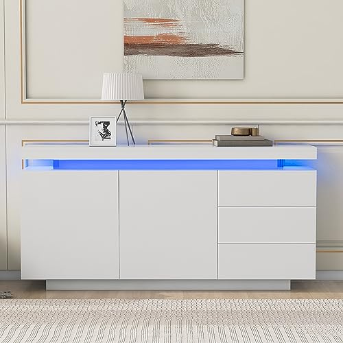Gxffipw Sideboard Wohnzimmer mit 2 Türen und 3 Schubladen, Kommode Buffetschrank mit LED-Licht und Grifflose Design, Highboard Wohnzimmerschrank, Wohnzimmer Möbel, Schrank Weiß, 140×35×72.5 cm