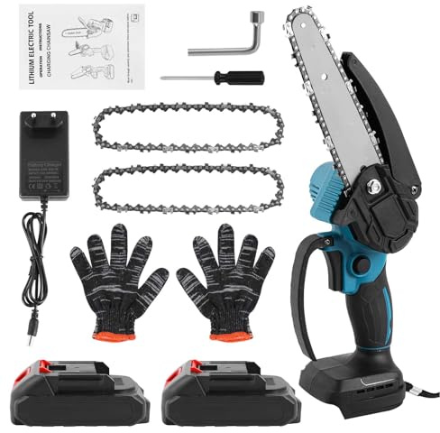 Tronçonneuse Sans Fil 21V avec 2 Batteries - Mini Tronçonneuse Électrique 6 Pouces - 2 Chaînes Incluses, 5m/s Vitesse de Coupe - Idéale pour Jardinage, Bois et Taille des Arbres