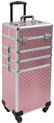 4-in-1 Kosmetikkoffer, Großer Make Up Koffer mit Rollen, Abschließbarer Trolley Schminkkoffer, Friseurkoffer für Visagisten Friseure Kosmetiker, 35x25x82 cm (Rosa)