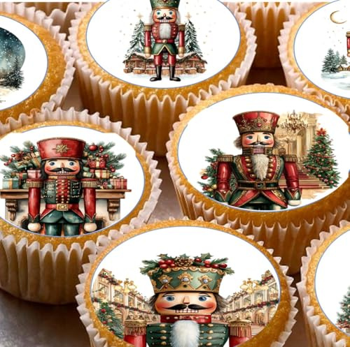 Christmas Nutcracker Pre-cut Edible Wafer Cupcake Toppers, Festive Traditional Winter Design, Cake Toppers 24 Pieces