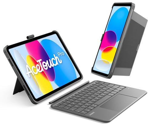 Inateck iPad 11 A16/10.Gen Hülle mit Tastatur, 5,1 Vollflächen-Touchpad | für iPad 11 (A16 ) 11, iPad 10. Gen 10.9, abnehmbar, 360° Schutz, verstecktes Stiftfach, AceTouch Pro, Grau