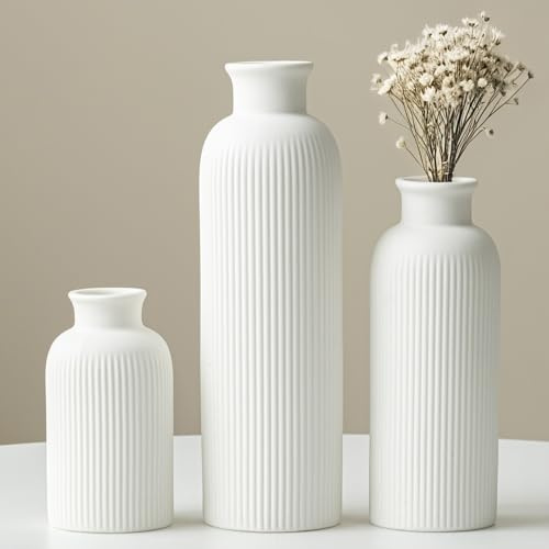 Keramik Vasen 3er-Set, Weiß, Kleine Blumenvasen mit Vertikalen Strichen, Moderne Rustikale Bauernhaus Deko für Pampasgras und Getrocknete Blumen, Dekorativ für Regal, Tisch, Bücherregal (Weiß)