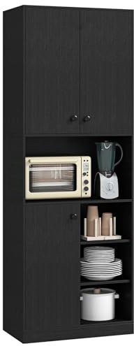 COSTWAY 166cm Küchenschrank, Buffetschrank mit 3 Türen & offenen Regalen, Hochschrank Küche mit Arbeitsplatte, Aufbewahrungsschrank für Esszimmer, Wohnzimmer, Schwarz