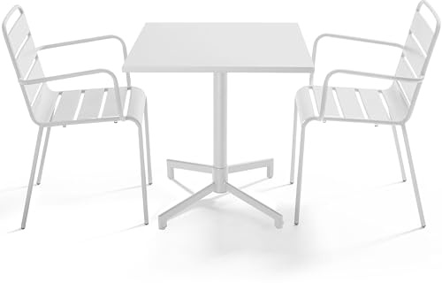 Oviala Palavas Set Tisch 70 cm und 2 Gartensessel aus Metall, Weiß