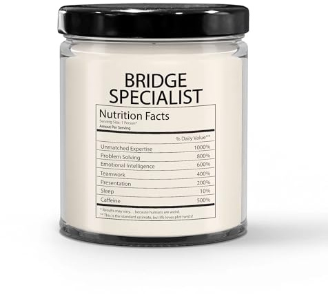 Funny Gifts for Bridge Specialist Nutrition Facts Label - Christmas Candle for Bridge Engineer Staff Employee Boss Manager - Thank You, Birthday - Vanilla Scented Soy Wax, 9oz