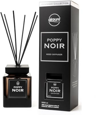 Airpure Luxury 1000ml Reed Diffuser - Designer Collection with Extra Thick Black Reeds (Poppy Noir)