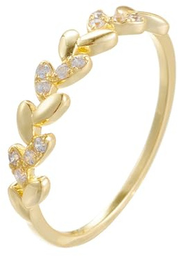 Ayoiow Blätter Ringe Gelbgold für Damen mit Moissanit, Ringe in Gold für Frauen, 9 Karat Gelbgold Größe 61 (19.4)