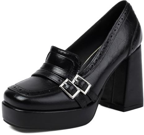 Loafer pumps plattform dam tjock blockklack spänne detalj arbetsskor kontorsskor bekväma plattformspumpar kontor arbete, svart, 43 EU