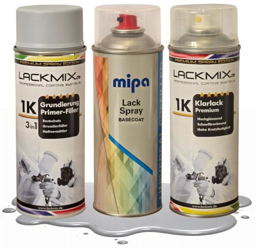 MIPA Autolack. Spraydosen für VW / LA7W Reflexsilber Met/Alle Farbspray-Sprühdosen Sets (Grundierung + Basislack + 1K Klarlack)