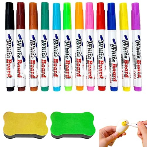 Cossaot 12 Stück Whiteboard Marker, Whiteboard Stifte Abwischbar | 12 Farben, 1,5 mm Feine Spitze, 2 Schwammwischer, für Aquarellmalerei, Schule, Büro und Kreativprojekte geeignet.