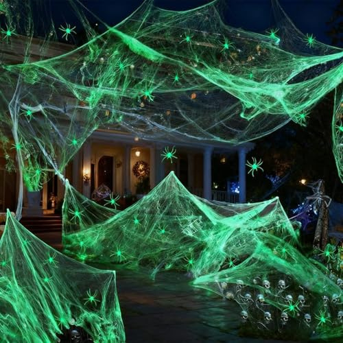 Decorazione di ragno di Halloween, si illumina al buio ragnatele con 50 ragni finti perfetta decorazione di Halloween spaventosa decorazione per feste di scena