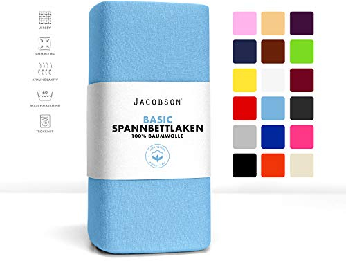 Jacobson Jersey Spannbettlaken Spannbetttuch Baumwolle Bettlaken (90x200-100x200 cm, Hellblau)