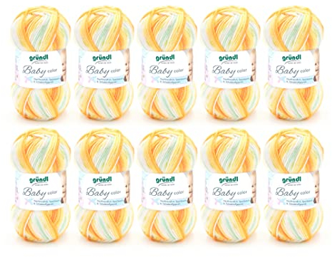 Gründl Wolle Baby color - Babywolle zum Häkeln und Stricken mit Farbverlauf - Weich und hautfreundlich - 70 % Polyacryl, 30 % Polyamid - 10 Knäuel 50 g / 150 m - Nadelstärke 3,5 -4,5 - orange-weiß