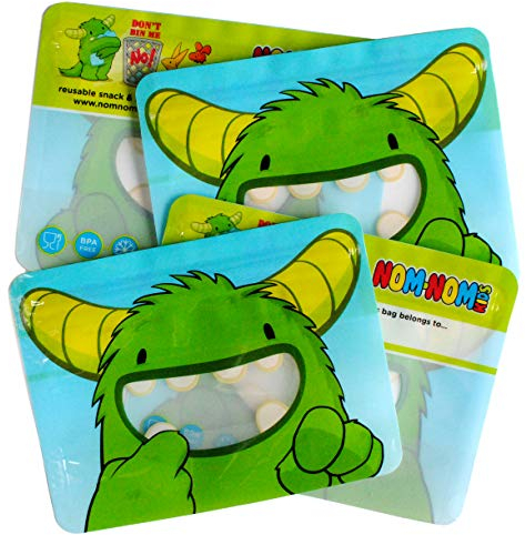Nom Nom Kids | Reusable sandwich bags x 4 | Cute Monster Design | Perfect size for children's sandwiches | sharing snack bags | sweet bag | ziplock bags for food Reusable Sandwich Bags