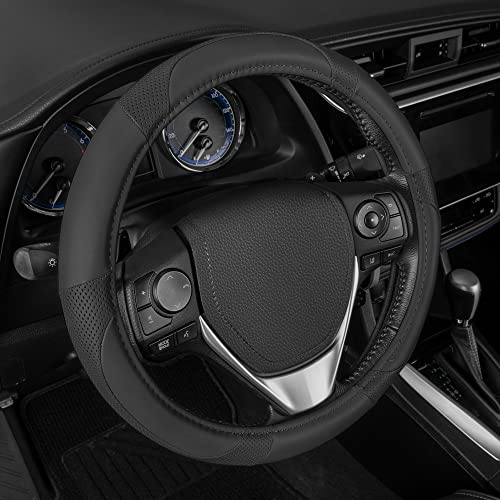 Motor Trend Perforated Microfiber Leather Steering Wheel Cover for Cars Trucks SUVs Vans, Sporty Racing Improved Grip Anti-Fatigue Ergonomic Design, Airbag Compatible - Fits Standard 15 Inch - Black