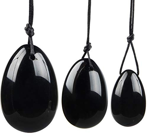 Black Obsidian Yoni Eggs, June&Ann Set of 3 Drilled Natural Chakra Healing Yoga Exercise Eggs with String Massage Stones Ben Wa Ball for Women to Train Pelvic Muscles Kegel Exercise