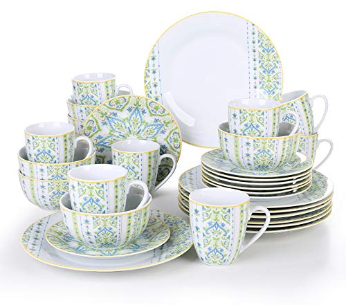 VEWEET, Series Magda, juego de vajilla de porcelana de 32 piezas con plato de cena de 10.75 pulgadas, plato de postre de 7.5 pulgadas, cuenco de cereales de 5.5 pulgadas y taza de 380 ml, servicio