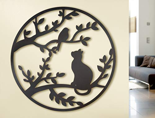 GILDE Wandrelief Gross D80 cm Metall braun Katze Vogel im Baum