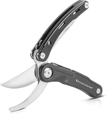 STAHLWERK Multitool mit 5 Werkzeugen hochwertiges Taschenmesser | Klappmesser/Multifunktionswerkzeug mit Gartenschere, Säge, Messer, Wurzelstecher und Öse