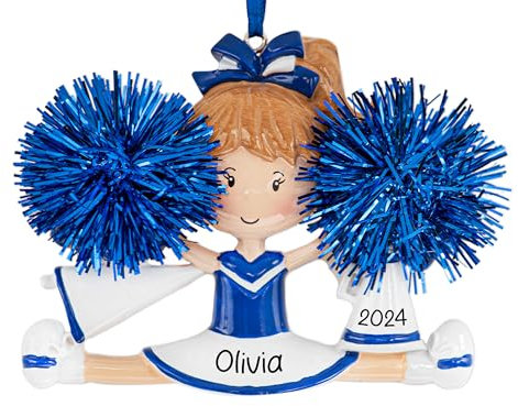 UniqXmas Cheerleader-Weihnachtsdekoration, Cheerleader-Motiv, personalisierbar, Cheerleading mit echtem blauen Pompon für den Weihnachtsbaum, einzigartiges Andenken – personalisierter Name und Jahr