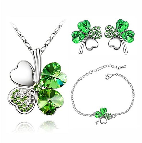 Yifnny Vierblättriges Kleeblatt Schmuckset, Glücks Vierklee Herz Halskette Ohrringe und Armband Grünes Vierklee Kristall Set Irischer Schmuck für Frauen Hochzeitstag Geschenk