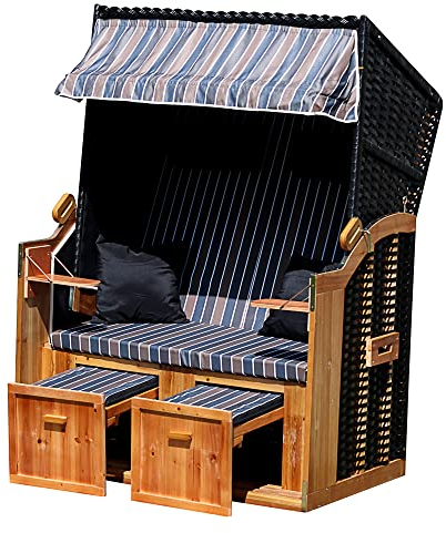 Cepewa Strandkorb XXL Set | Deluxe Vollieger | 2 Sitzer Korb | 120cm breit | blau braun weiß gestreift | inkl. 4 Kissen | ausziehbare Fußstützen und Klapptischen
