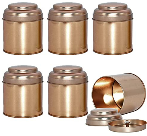 Merkaunis 6 Pack Tea Tin Canister with Airtight Double Lids for Loose Tea, Mini Tea Storage Containers Round Tin Canister for Storage Teas Bags Coffee Sugar，8 Fluid Oz, Rose Gold
