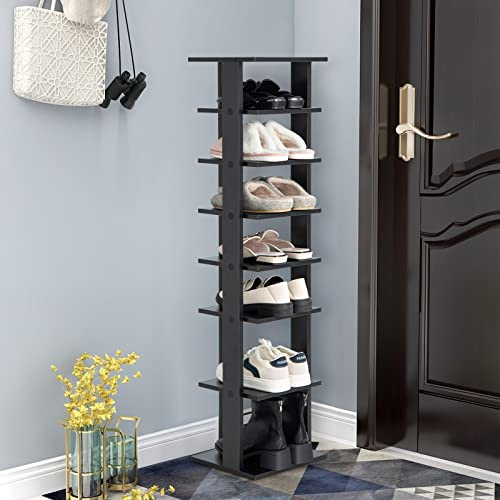 COSTWAY Scarpiera a 7 Ripiani, Scaffale Portascarpe in Legno con 2 Ripiani di Diverse Altezze, Scaffale Portaoggetti Multifunzione per Ingresso Soggiorno Camera da Letto, 28,5x25,5x110 cm (Nero)
