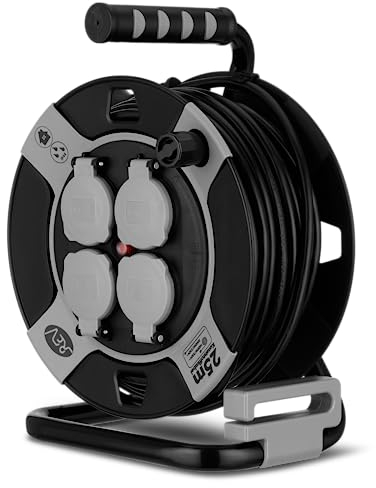 REV Kabeltrommel EX 25m Outdoor Verlängerungskabel außen IP44, Ideal für Garten und Camping, 4-fach, H05VV-F, grau