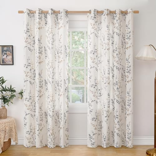 BGment Linen Curtains for Living Room 84 Inch Length 2 Panels Set Floral Leaf Patterns, Light Filtering Privacy Window Curtains for Bedroom Boho Farmhouse Vintage, Each 52 Inch Wide, Brown