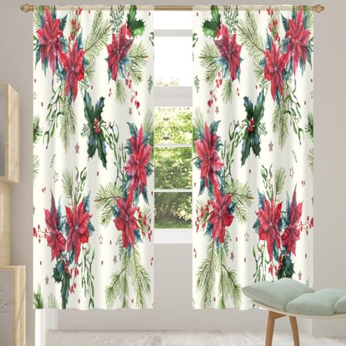 Weihnachten Sheer Vorhang 2er Set Weihnachten Blumen Blätter Stechpalme Beeren Sheer Fenster Voile Vorhänge für Wohnzimmer Schlafzimmer Zimmer Küche Esszimmer Dekor 139x198cm