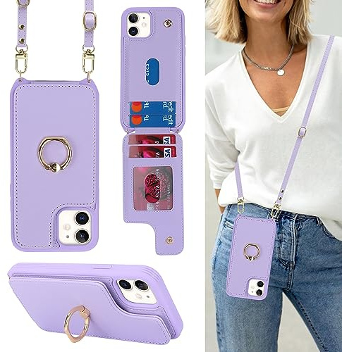 Cavor Phone Case compatible with iPhone 12/12 Pro With Card Holder With Lanyard Strap,Flip Leather Wallet Case,Ring Kickstand Shockproof Cover Case compatible with iPhone 12/12 Pro - Purple