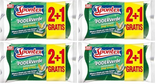 Spontex Estropajos de Fibra con Esponja, 3 estropajos (Paquete de 4)