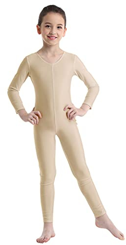 Miaeowve Kids Girls Basic Long Sleeve Gymnastics Leotard Unitard Full Length Bodysuit Jumpsuit Catsuit Dance Costume Nude 7-8 Years