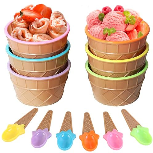 Xrten 6 Pcs Ice Cream Bowls with Spoon, Suitable for Food, Fruit, Ice Cream, Holiday Matching Birthday Party Gifts for Children(One for Each Color)