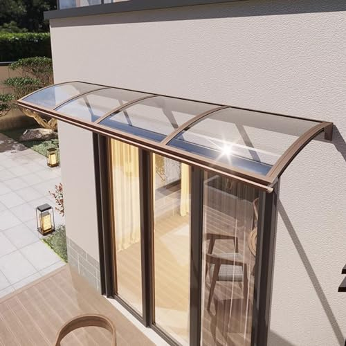 Vordach Überdachung Haustürvordach mit Regenrinne,Pavillion Türvordach Regenschutz Beständiger,Gebogene Fenster Markisen Aluminium Bügel und Transparente Platte Polycarbonat (100×590cm,Coffee)