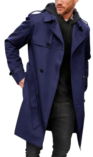 Runcati Men's Coat Double Breasted Trench Coat Long Lapel Business Jacket with Belt Blue L