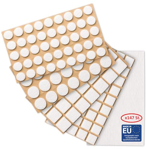 bePracti Filzgleiter Selbstklebend 147-er Set für Stühle Möbelgleiter Filz Selbstklebend 3mm Starke, Dichte 500g/m2 in verschiedenen Größen und einem Blatt zum Selbstschneiden weiß