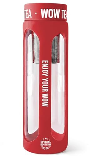 WOW TEA Premium Glas Teeflasche mit Infuser 550ml - Doppelwandige Thermoflasche - Rot