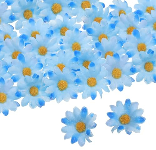 QUARKZMAN 100pz Teste Margherite Artificiali, 1.6 Margherite Finte Seta Mini Margherite Fiori Artificiali Ingrosso per Bouquet Sposa Centrotavola Feste Decorazioni Casa, Blu/Arancione