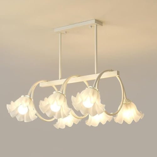 HTsilphelene Chandeliers Ceiling Light,Modern Floral Pendant Light 6-Light White Glass Tulip Shades Dining Room Hanging Lamp Adjustable for Bedroom Kitchen Island Living Room (White)