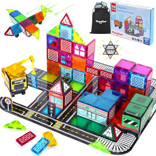 Theefun Magnetische Bausteine, 70PCS 3D Doppelseitiges Straßenset Magnetbausteine mit Kran und Auto STEM Lernen Sensorische Montessori Spielzeug Geschenk für 3+ Jahre alte Jungen und Mädchen