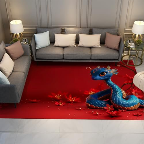 BYLEEHOMED Wildlife Snake Teppich 150x210cm Retro Pflaume Blüten Teppiche mit süßer Blauer Kleiner Schlange Moderne rutschfeste, waschbare großflächige Teppiche für das Schlafzimmer