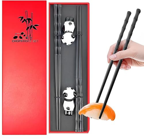 Guyode Palillos Chinos, Chopsticks Antideslizantes, Palillos Sushi, Palillos Reutilizables, Palillos de Aptos para Lavavajillas, Set de Palillos con Soporte de Cerámica en Forma de Panda