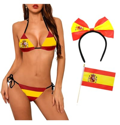 Heavelove Country Flag Bikini Ladies Swimwear Backless Tie Bikini Set Two Piece Women Swimwear with Flag, Woman Headband (US, Alpha, Small, Regular, Regular, Spain Flag Bikini Set)