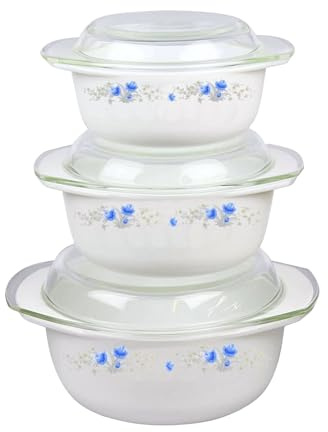 Reldor 3 Pcs Glass Casserole Dishes with Lids, Freezer, Microwave & Dishwasher Safe, Casserole Dish Set with Carry Handles, Break Resistant, Serving Dishes (1 + 1.5 + 2.5 Ltr), Blue Floral