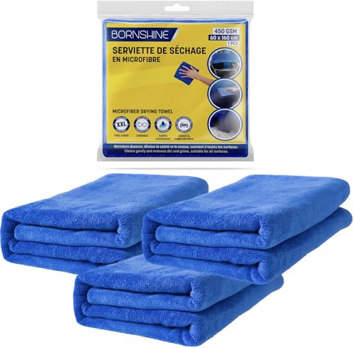 BORNSHINE XXXXL - Lot de 3 - Extra Grande - Chiffon Microfibre Séchage Voiture – 60×160 cm, 450 GSM – Produit Nettoyage Voiture, Chiffon Microfibre Voiture - Nettoyant Exterieur
